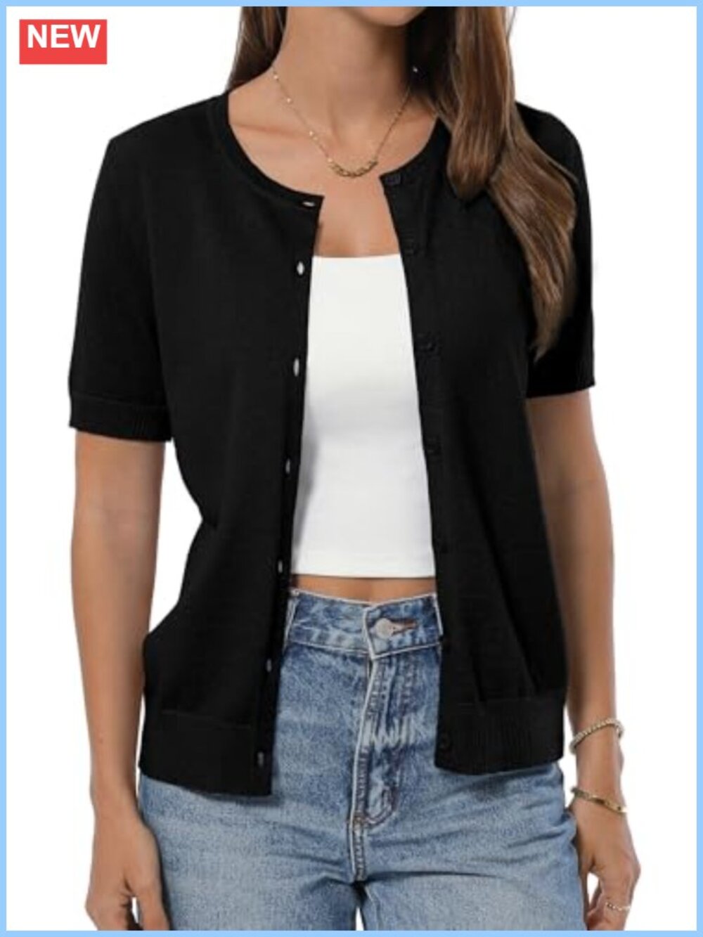 Womens 100% Cotton Short Sleeve Cardigan Crew Neck Lightweight Knit Button